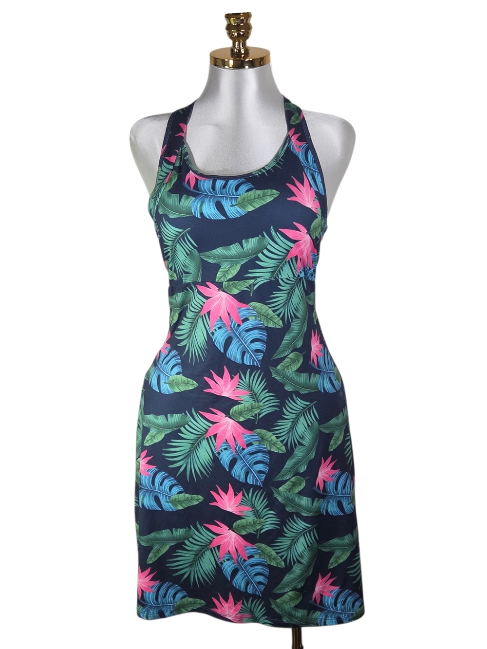 Kyodan Navy Tropical Racerback Swim Coverup with Pink & Green Leaf Print. Sz M/M